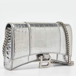 Pre Owned Balenciaga Silver Croc Embossed Leather Hourglass Wallet on Chain