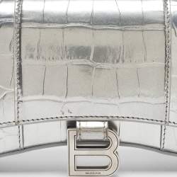 Pre Owned Balenciaga Silver Croc Embossed Leather Hourglass Wallet on Chain