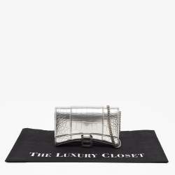 Pre Owned Balenciaga Silver Croc Embossed Leather Hourglass Wallet on Chain