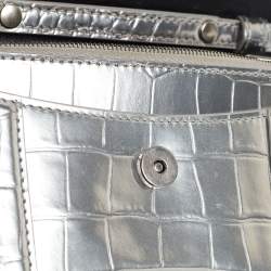 Pre Owned Balenciaga Silver Croc Embossed Leather Hourglass Wallet on Chain