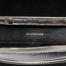Pre Owned Balenciaga Silver Croc Embossed Leather Hourglass Wallet on Chain