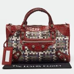 Pre Owned Balenciaga Red/Multicolor Woven Leather and Alligator GSH Work Bag