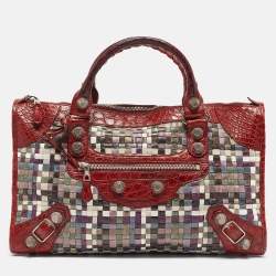 Pre Owned Balenciaga Red/Multicolor Woven Leather and Alligator GSH Work Bag