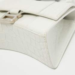 Balenciaga White Croc Embossed Leather XS Hourglass Top Handle Bag