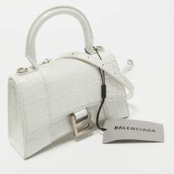 Balenciaga White Croc Embossed Leather XS Hourglass Top Handle Bag