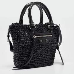 Pre Owned Balenciaga Black Woven Leather and Straw Le Cagole Basket Tote