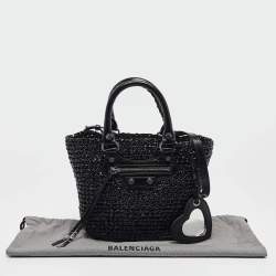 Pre Owned Balenciaga Black Woven Leather and Straw Le Cagole Basket Tote