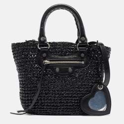 Pre Owned Balenciaga Black Woven Leather and Straw Le Cagole Basket Tote