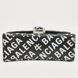 Pre Owned Balenciaga Black/White Leather Allover Logo XS Hourglass Top Handle Bag