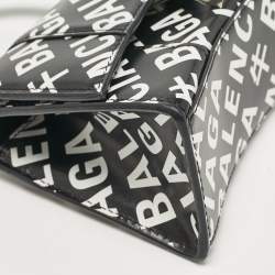 Pre Owned Balenciaga Black/White Leather Allover Logo XS Hourglass Top Handle Bag