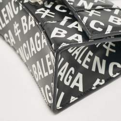 Pre Owned Balenciaga Black/White Leather Allover Logo XS Hourglass Top Handle Bag