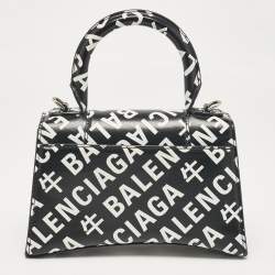 Pre Owned Balenciaga Black/White Leather Allover Logo XS Hourglass Top Handle Bag