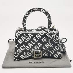 Pre Owned Balenciaga Black/White Leather Allover Logo XS Hourglass Top Handle Bag