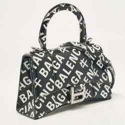 Pre Owned Balenciaga Black/White Leather Allover Logo XS Hourglass Top Handle Bag