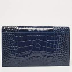 Pre Owned Balenciaga Blue Croc Embossed Leather Hourglass Flat Pouch 
