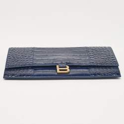 Pre Owned Balenciaga Blue Croc Embossed Leather Hourglass Flat Pouch 