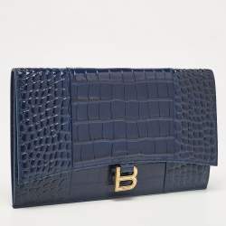 Pre Owned Balenciaga Blue Croc Embossed Leather Hourglass Flat Pouch 