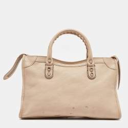 Pre Owned Balenciaga Beige Leather Small Metallic Edge Classic City Tote