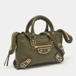 Pre Owned Balenciaga Olive Green Leather Nano City Metallic Edge Tote