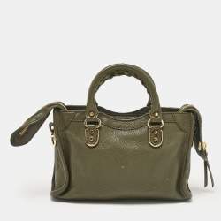 Pre Owned Balenciaga Olive Green Leather Nano City Metallic Edge Tote