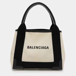 Pre Owned Balenciaga White/Black Canvas and Leather Cabas Tote