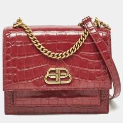 Pre Owned Balenciaga Burgundy Croc Embossed Leather Sharp Shoulder Bag