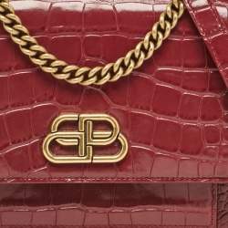 Pre Owned Balenciaga Burgundy Croc Embossed Leather Sharp Shoulder Bag