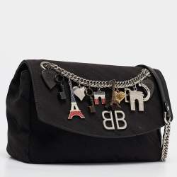 Pre Owned Balenciaga Black Diagonal Logo Fabric and Leather BB Charm Shoulder Bag
