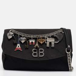 Pre Owned Balenciaga Black Diagonal Logo Fabric and Leather BB Charm Shoulder Bag