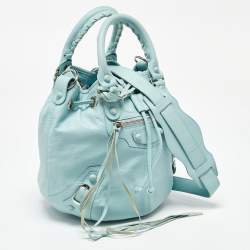 Pre Owned Balenciaga Light Blue Leather Pompon GSH Hobo