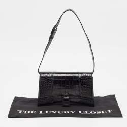 Balenciaga Black Croc Embossed Leather Hourglass Sling Shoulder Bag