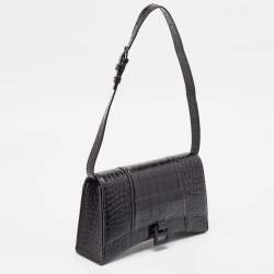 Balenciaga Black Croc Embossed Leather Hourglass Sling Shoulder Bag