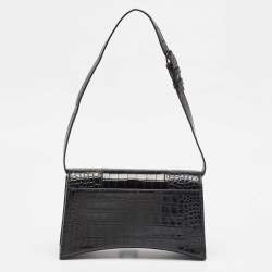 Balenciaga Black Croc Embossed Leather Hourglass Sling Shoulder Bag