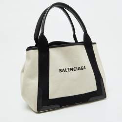 Pre Owned Balenciaga Off White/Black Canvas and Leather Small Cabas Tote