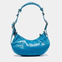 Pre Owned Balenciaga Blue Croc Embossed Leather XS Le Cagole Shoulder Bag