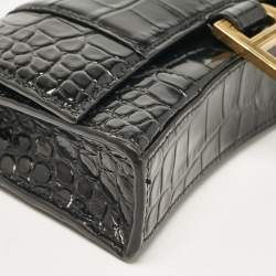 Balenciaga Black Croc Embossed Patent Leather Hourglass Wallet On Chain