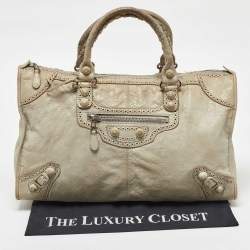 Pre Owned Balenciaga Light Grey Leather Brogue Work Tote