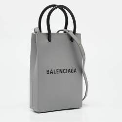Pre Owned Balenciaga Grey/Black Leather Shopping Phone Holder Crossbody Bag