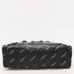 Pre Owned Balenciaga Black Leather All Over Logo Print Classic Small City RH Tote