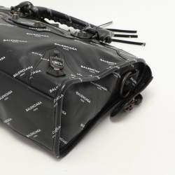 Pre Owned Balenciaga Black Leather All Over Logo Print Classic Small City RH Tote