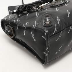 Pre Owned Balenciaga Black Leather All Over Logo Print Classic Small City RH Tote