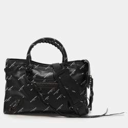 Pre Owned Balenciaga Black Leather All Over Logo Print Classic Small City RH Tote