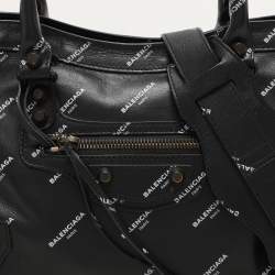 Pre Owned Balenciaga Black Leather All Over Logo Print Classic Small City RH Tote