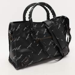 Pre Owned Balenciaga Black Leather All Over Logo Print Classic Small City RH Tote