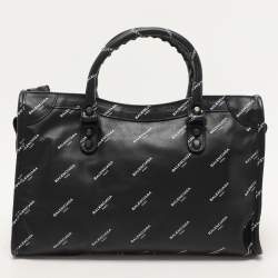 Pre Owned Balenciaga Black Leather All Over Logo Print Classic Small City RH Tote