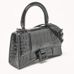 Pre Owned Balenciaga Black Croc Embossed Leather XS Embellished Hourglass Top Handle Bag