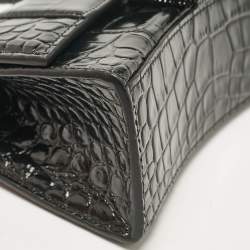 Pre Owned Balenciaga Black Croc Embossed Leather XS Embellished Hourglass Top Handle Bag