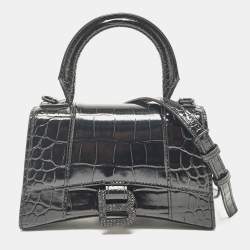 Pre Owned Balenciaga Black Croc Embossed Leather XS Embellished Hourglass Top Handle Bag