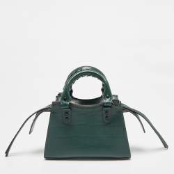 Pre Owned Balenciaga Green Croc Embossed Leather Micro Neo Classic City Tote