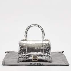 Pre Owned Balenciaga Silver Croc Embossed Patent Leather XS Hourglass Top Handle Bag